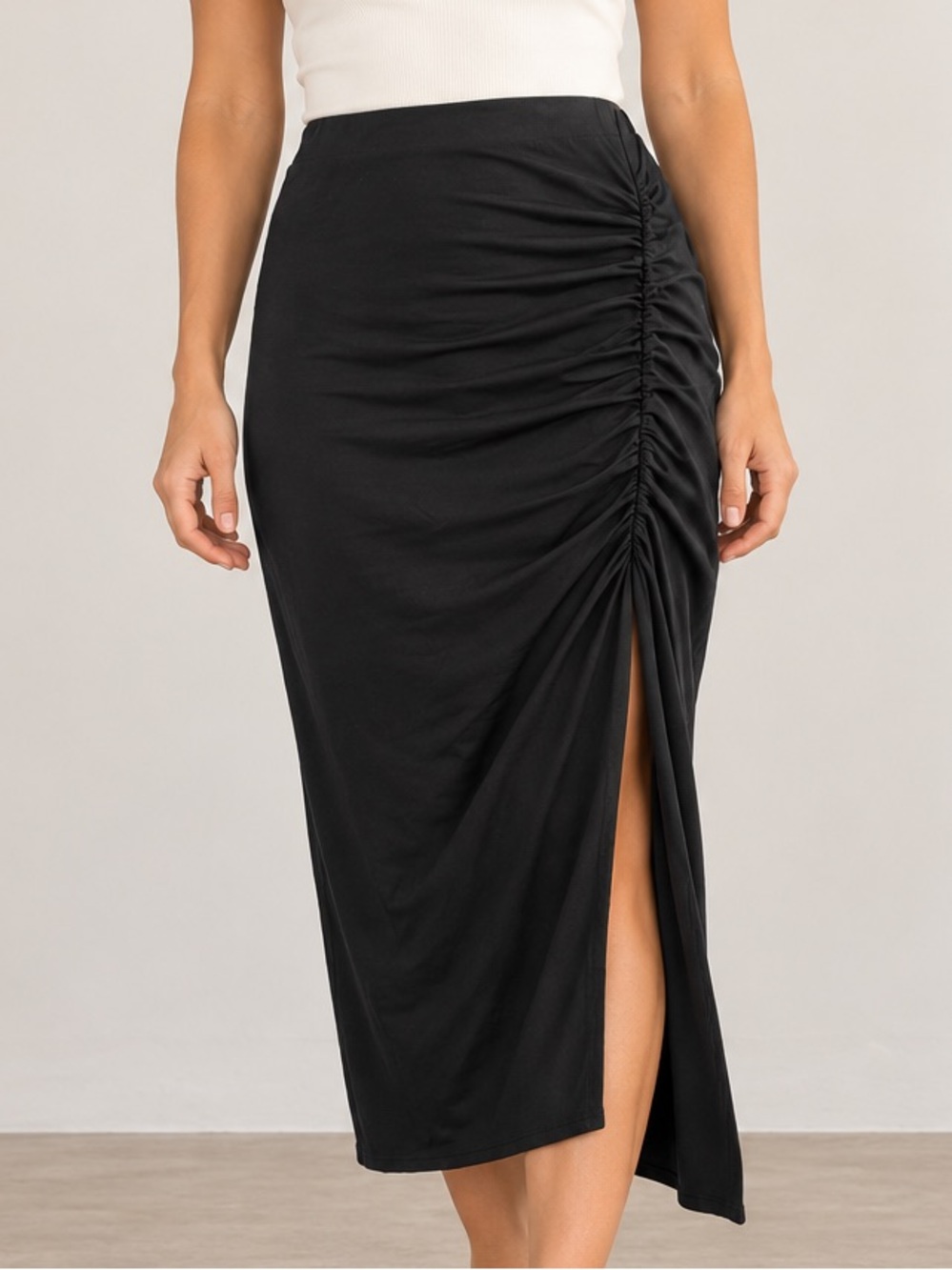 Open Edit Black Ruched Side Slit Maxi Skirt L